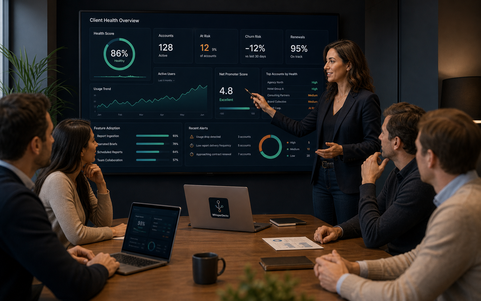 Customer success team reviewing account health and renewal metrics