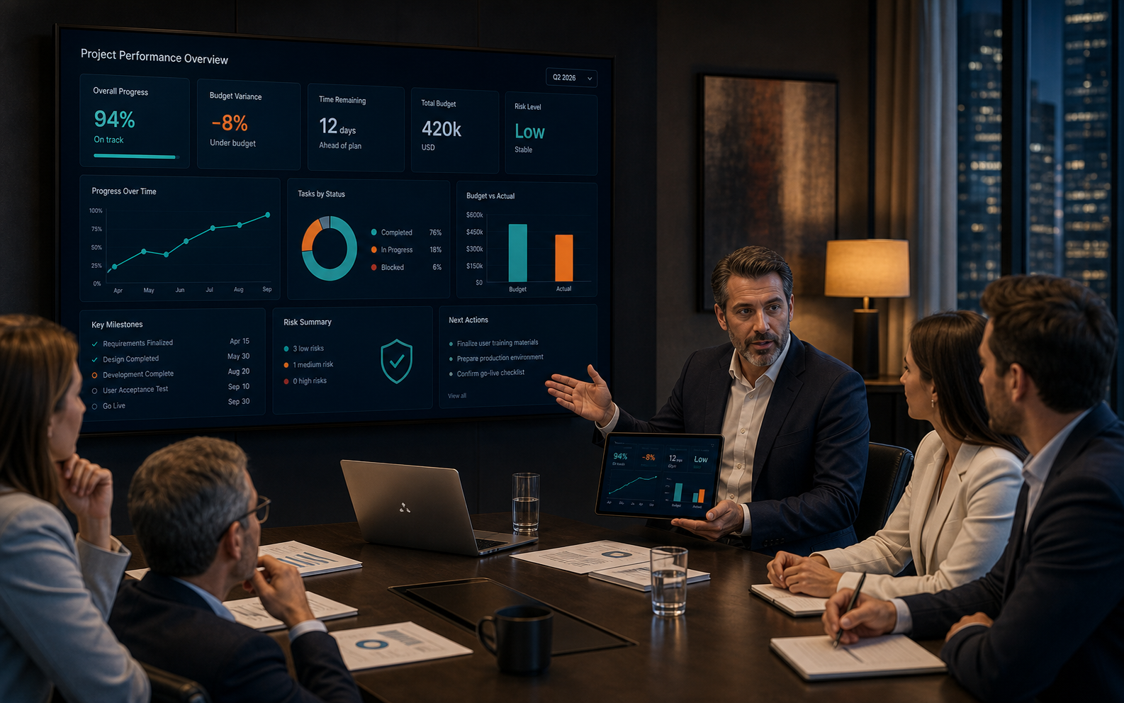 Team reviewing a client performance report before a decision meeting