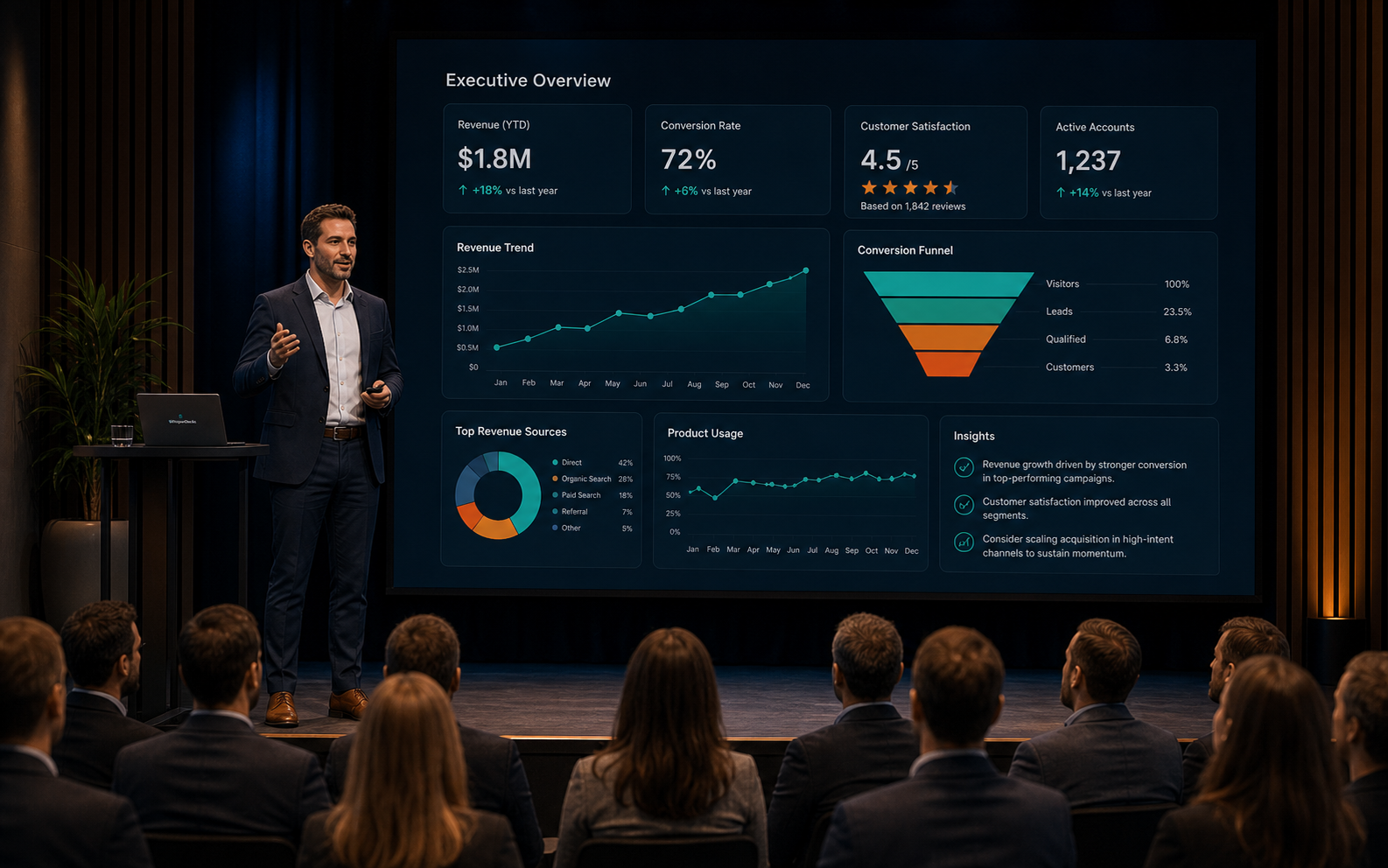 Executive audience watching a business dashboard presentation
