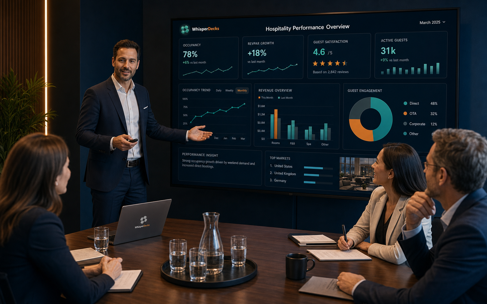 Hospitality team reviewing guest engagement dashboard insights