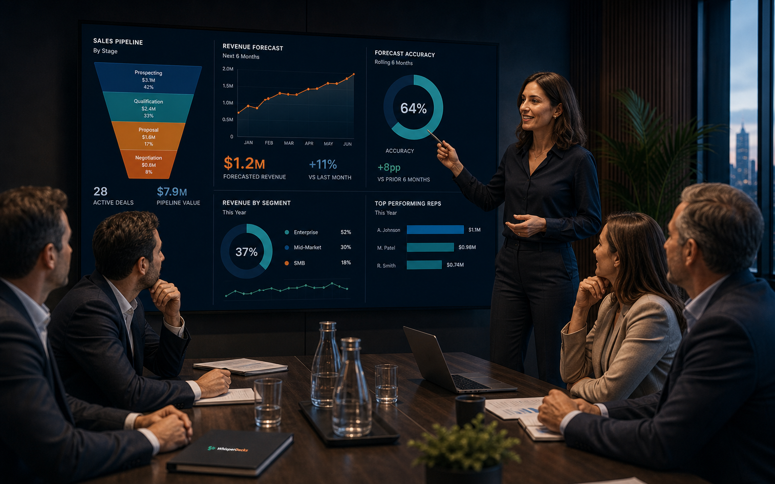 Sales team presenting a pipeline and proposal story on a large screen