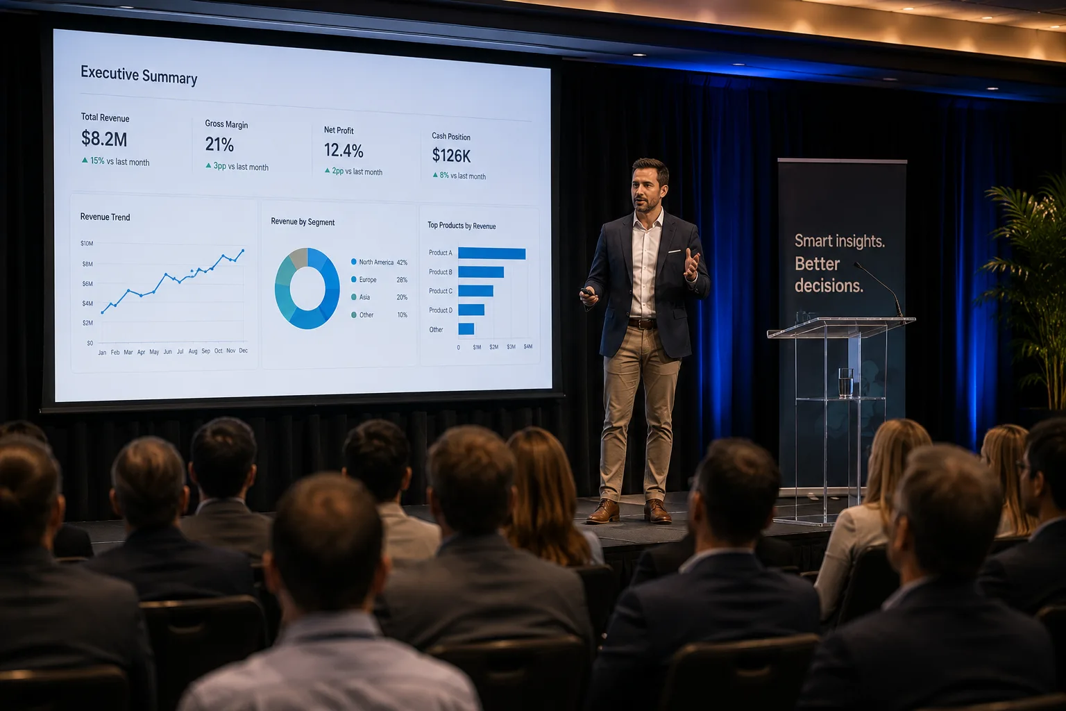 Executive presenting a clear business dashboard to an audience